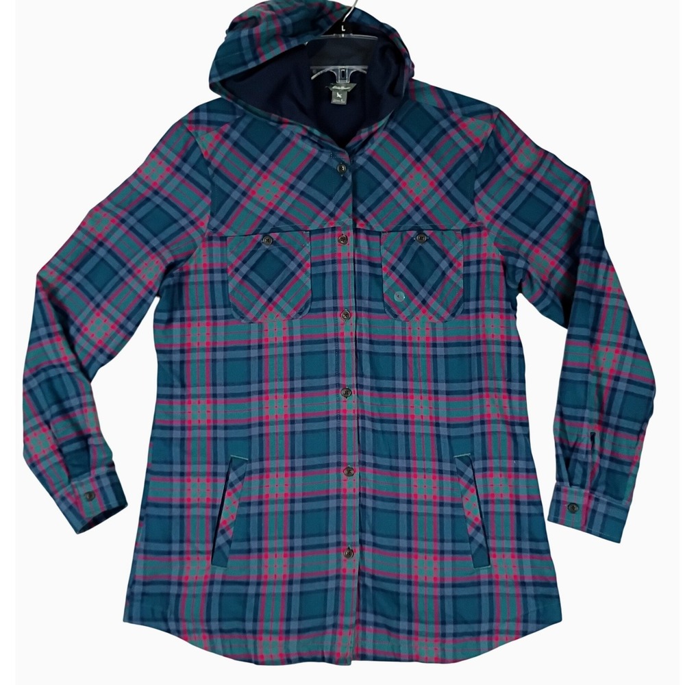 Eddie Bauer Plaid Hooded Shirt Jacket Womens L Teal Pink Cotton Shacket NEW